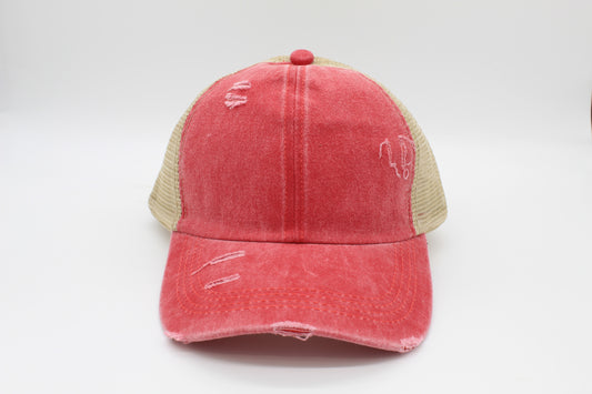 Distressed Raspberry Ponytail Trucker Hat