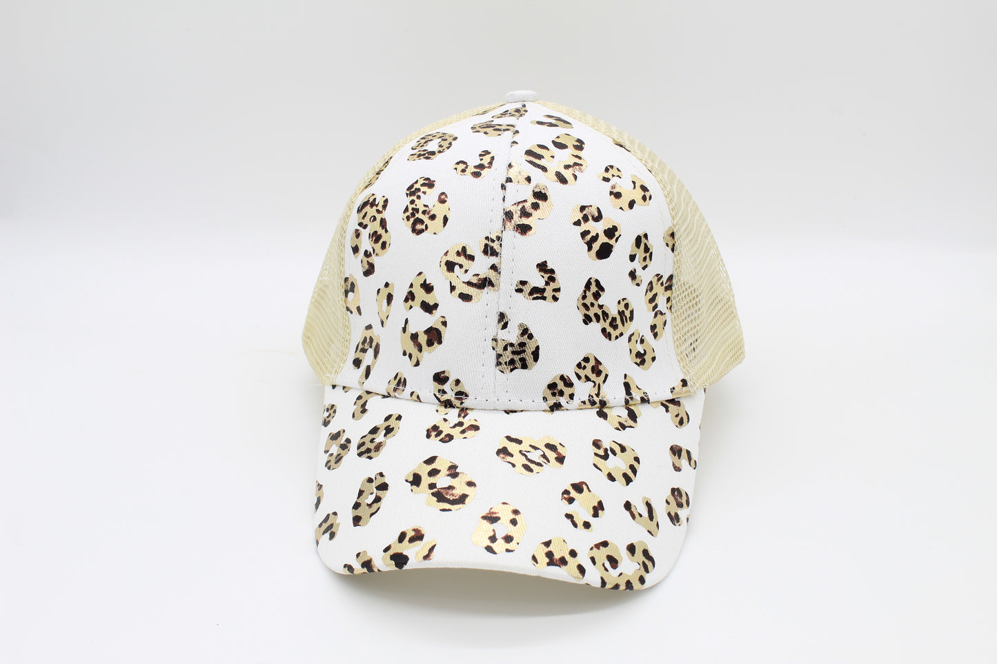 White Leopard Criss-Cross Ponytail Hat