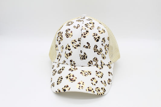 White Leopard Criss-Cross Ponytail Hat