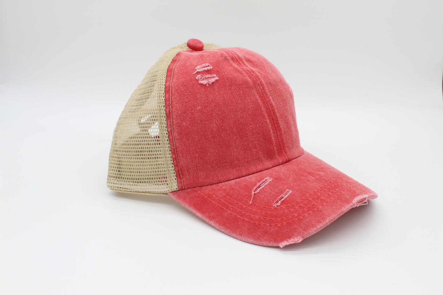 Distressed Raspberry Ponytail Trucker Hat