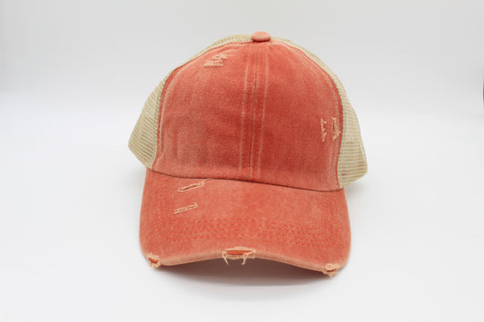 Distressed Coral Ponytail Trucker Hat