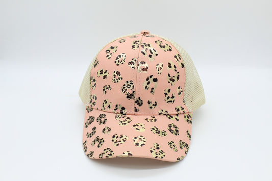 Pink Leopard Criss-Cross Ponytail Hat