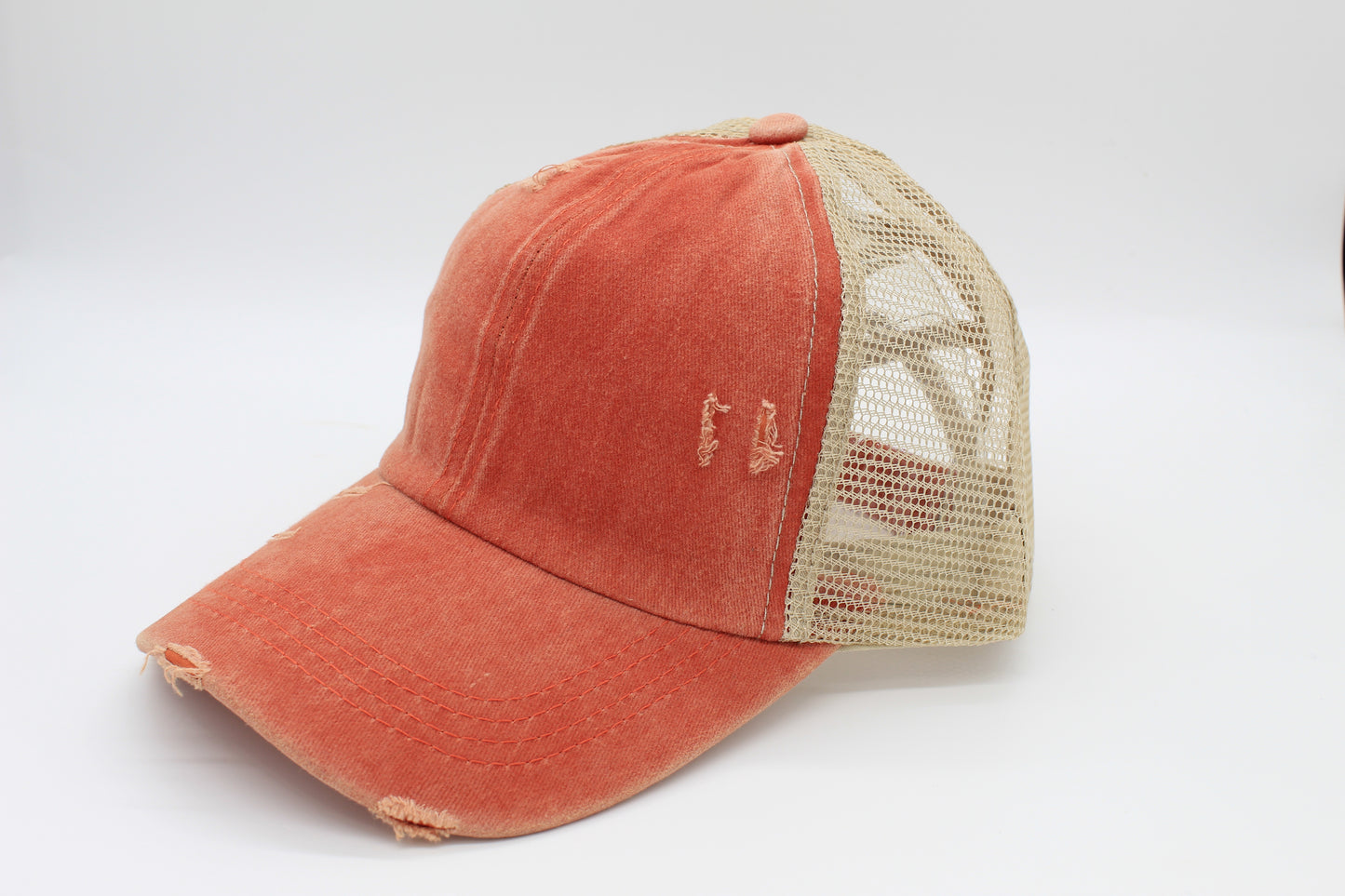 Distressed Coral Ponytail Trucker Hat