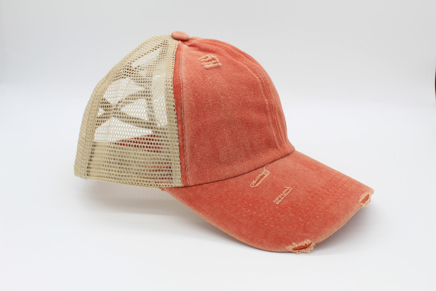 Distressed Coral Ponytail Trucker Hat