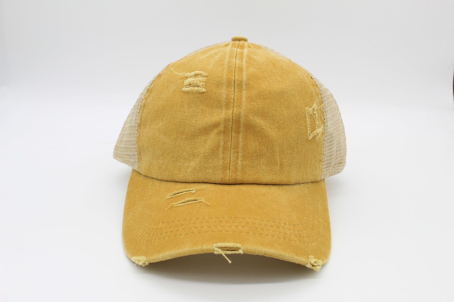 Distressed Mustard Ponytail Trucker Hat