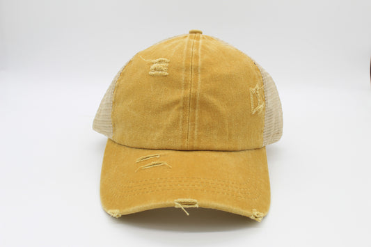 Distressed Mustard Ponytail Trucker Hat