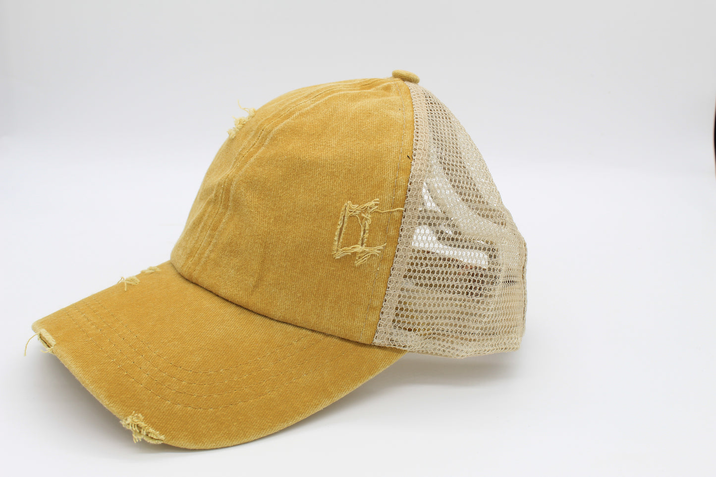 Distressed Mustard Ponytail Trucker Hat