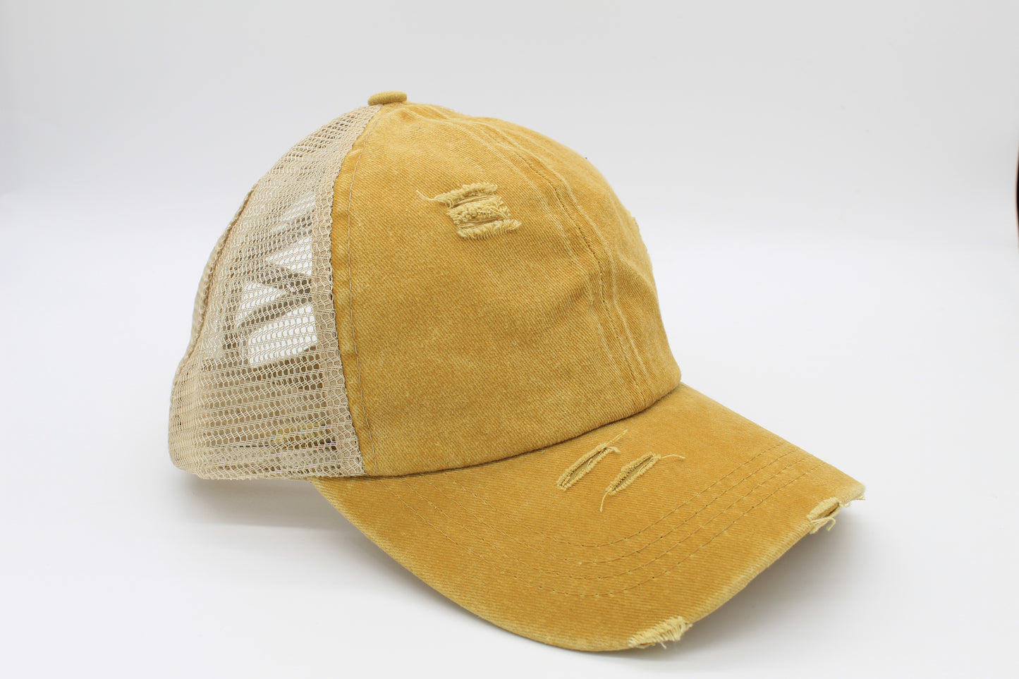 Distressed Mustard Ponytail Trucker Hat