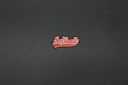 Softball Script Embroidered Patch | Red Softball Iron-On Patch for Jerseys, Bags & Team Gear