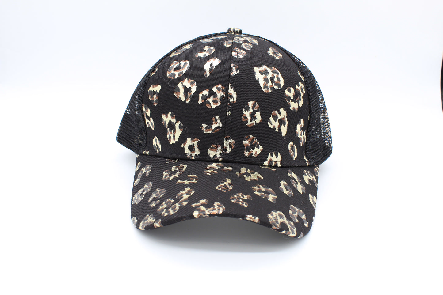 Black Cheetah Print Ponytail Trucker Hat