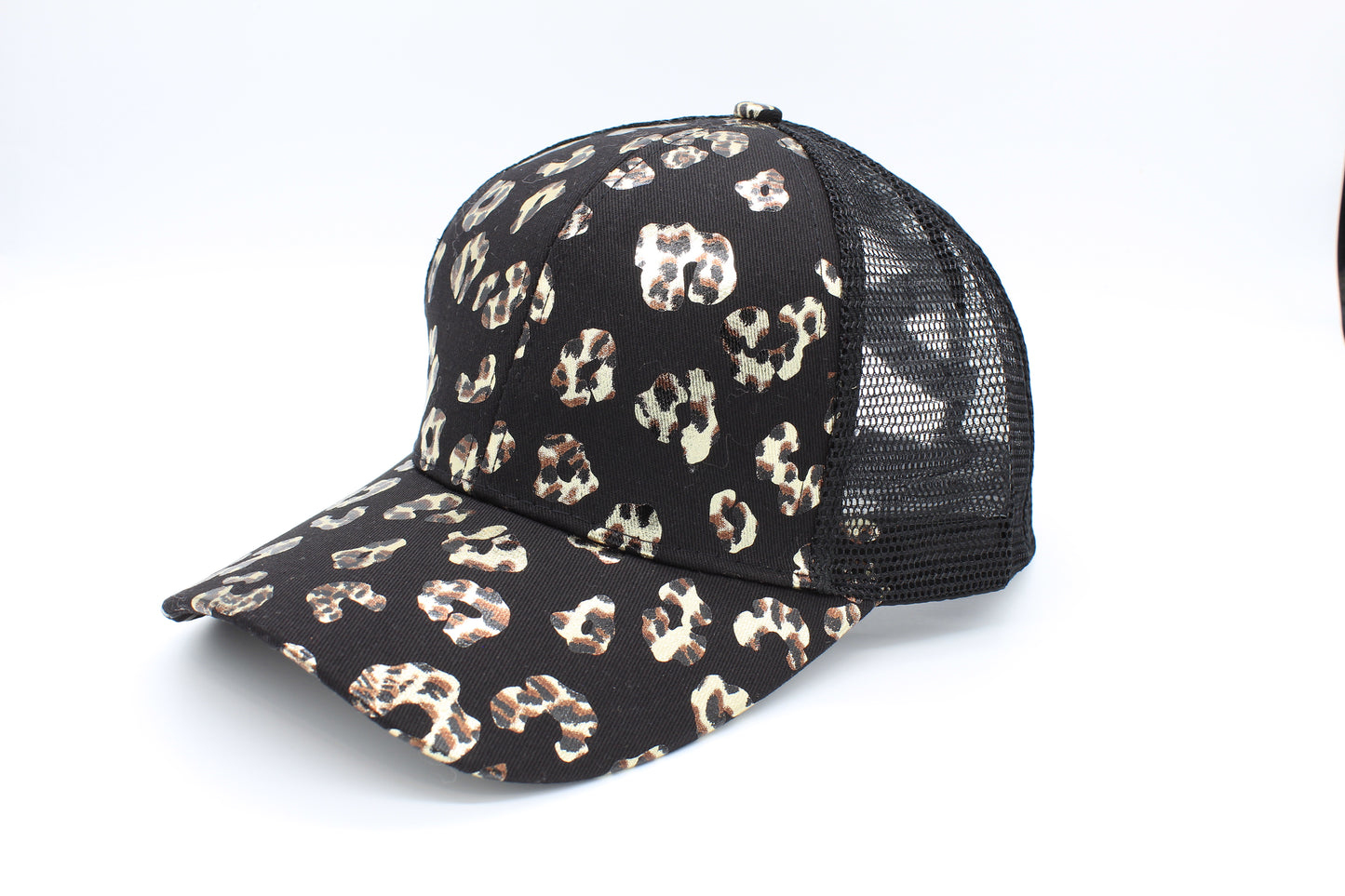 Black Cheetah Print Ponytail Trucker Hat