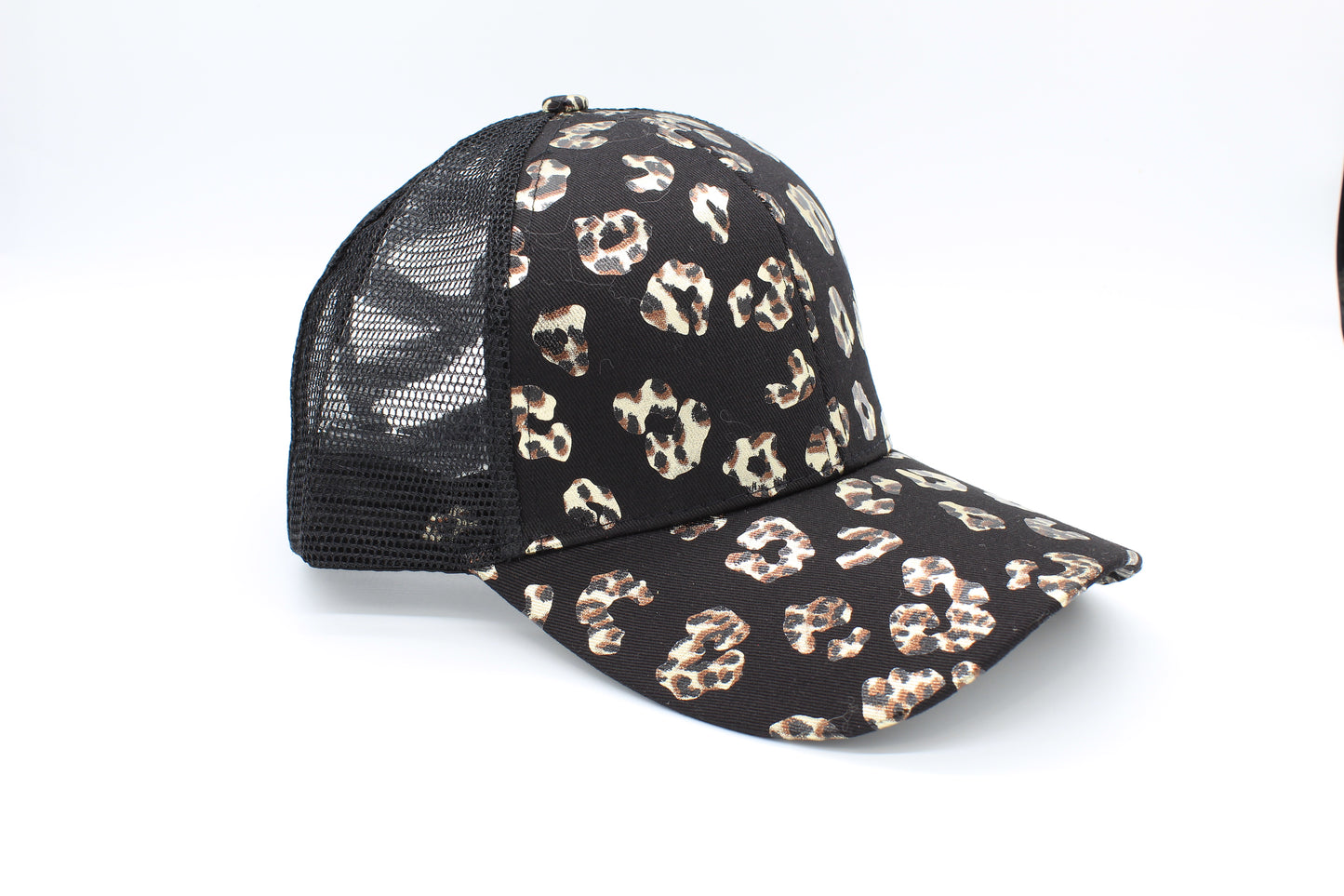 Black Cheetah Print Ponytail Trucker Hat