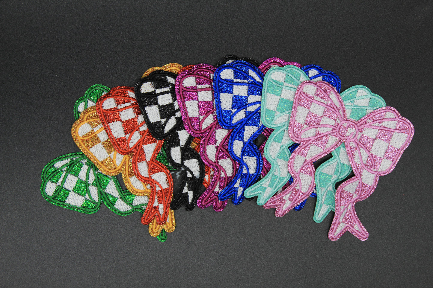Glitter Checkered Bow Embroidered Iron-On Patch