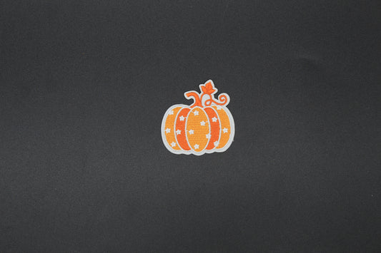 Orange Pumpkin Embroidered Iron-On Patch with White Stars & Curled Vine