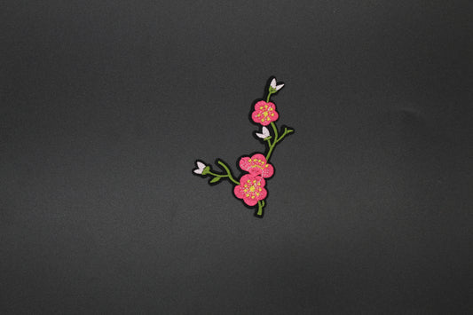 Pink Cherry Blossom Branch Embroidered Iron-On Patch