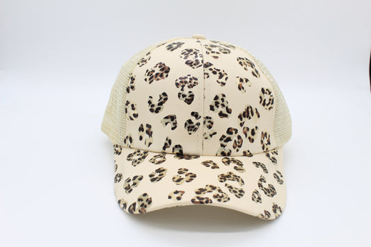 Ivory Cheetah Print Ponytail Trucker Hat