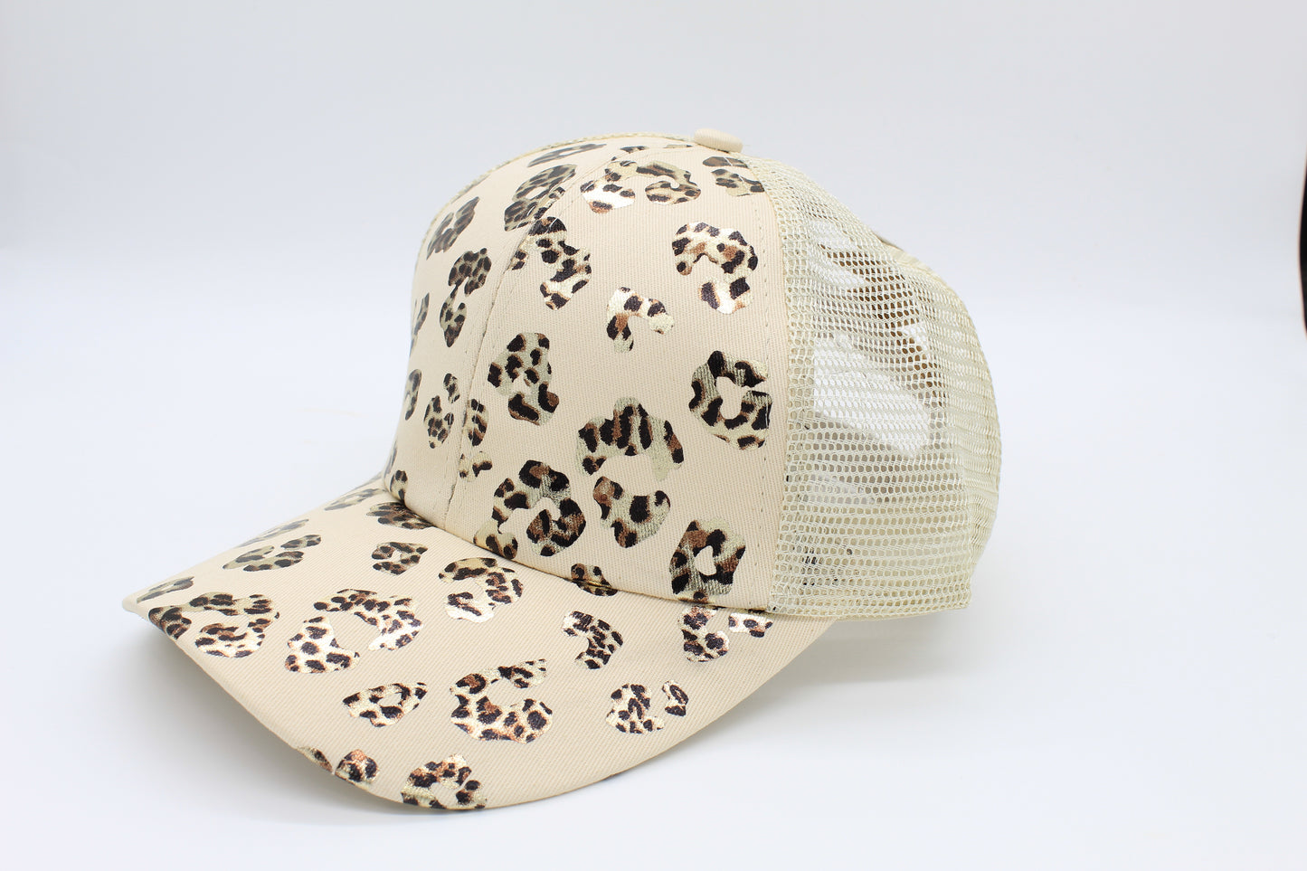 Ivory Cheetah Print Ponytail Trucker Hat