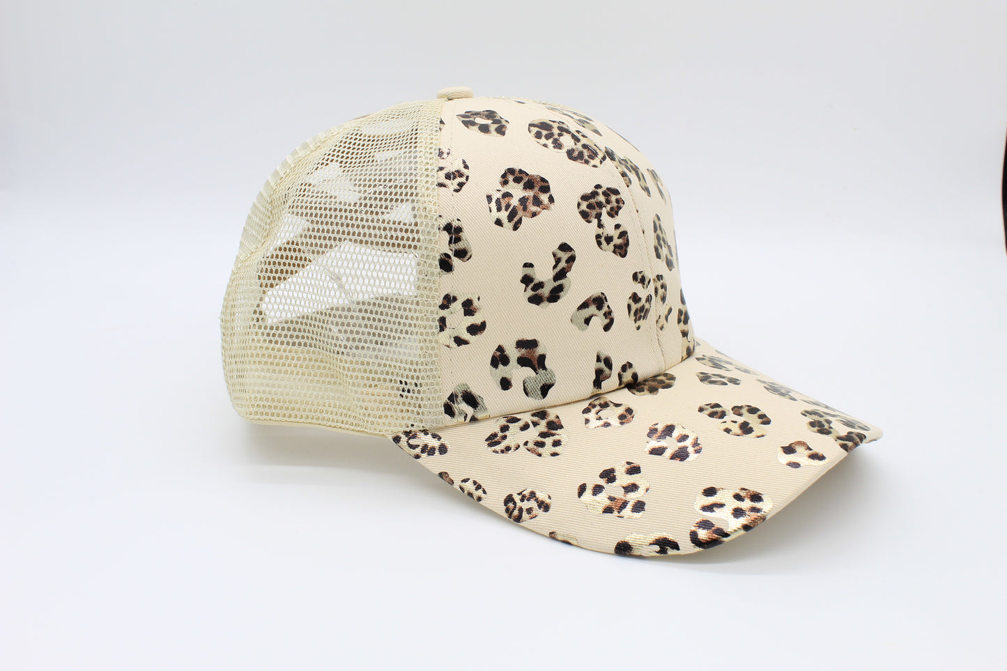 Ivory Cheetah Print Ponytail Trucker Hat