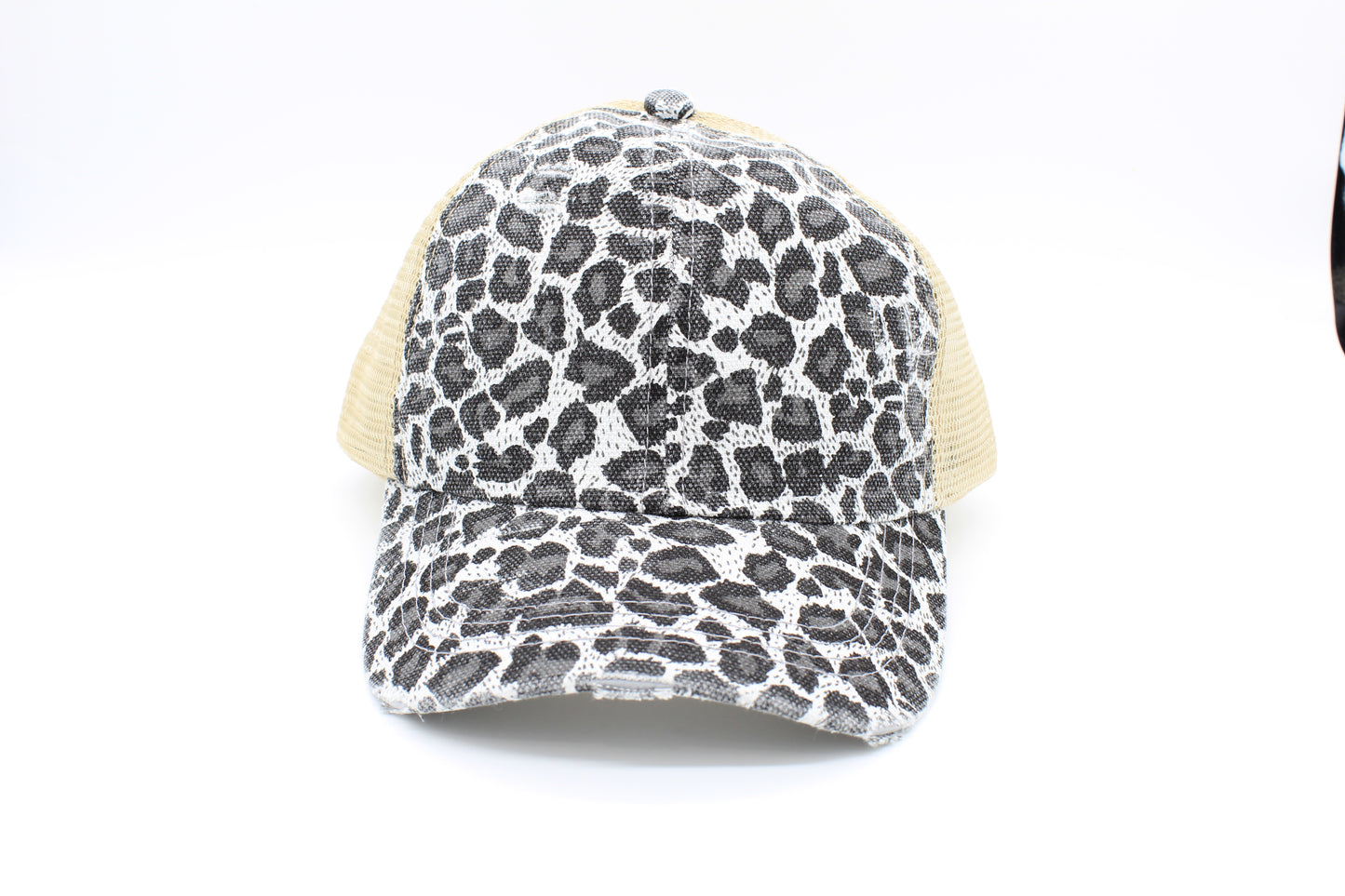 Gray Leopard Criss-Cross Ponytail Hat
