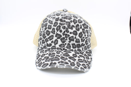 Gray Leopard Criss-Cross Ponytail Hat