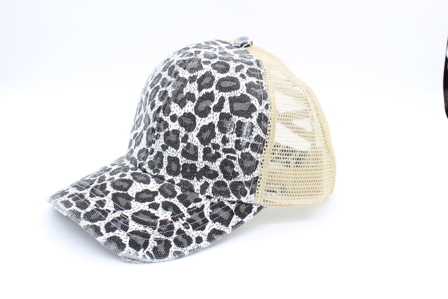 Gray Leopard Criss-Cross Ponytail Hat