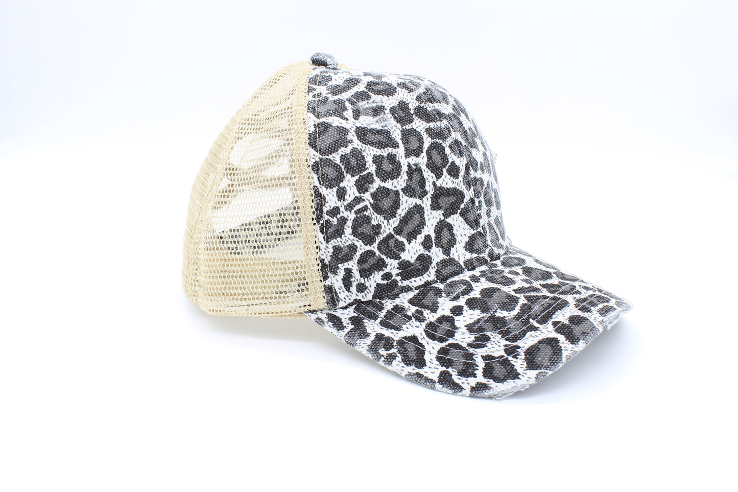 Gray Leopard Criss-Cross Ponytail Hat