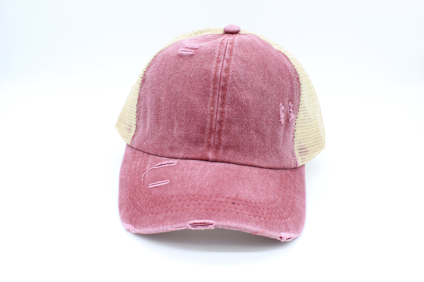Distressed Maroon Ponytail Trucker Hat