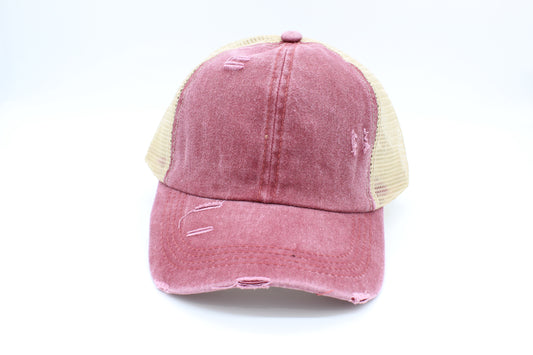 Distressed Maroon Ponytail Trucker Hat
