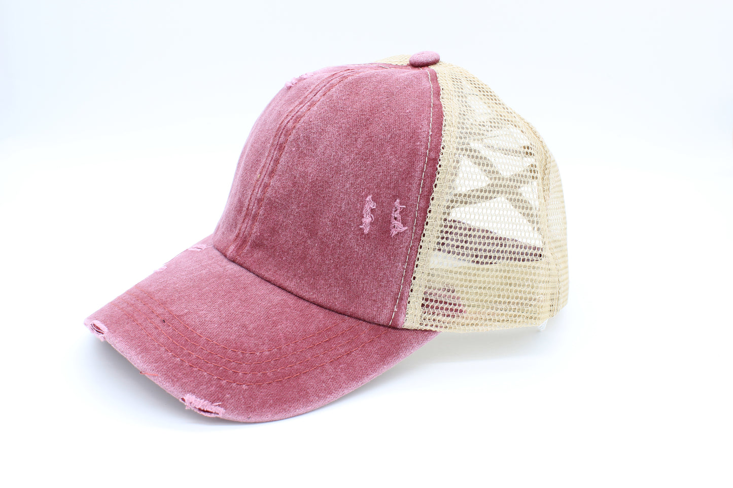 Distressed Maroon Ponytail Trucker Hat