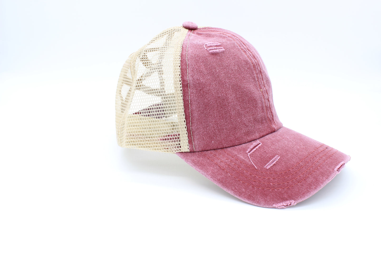 Distressed Maroon Ponytail Trucker Hat