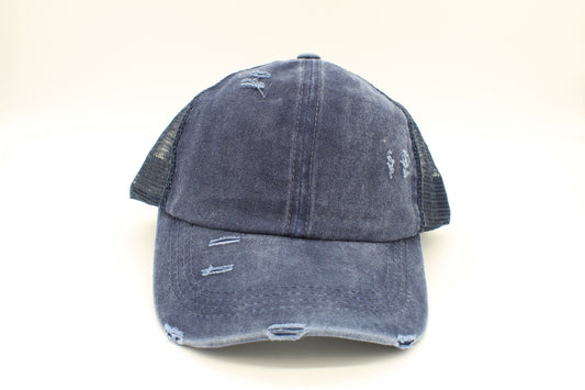 Distressed Navy Ponytail Trucker Hat
