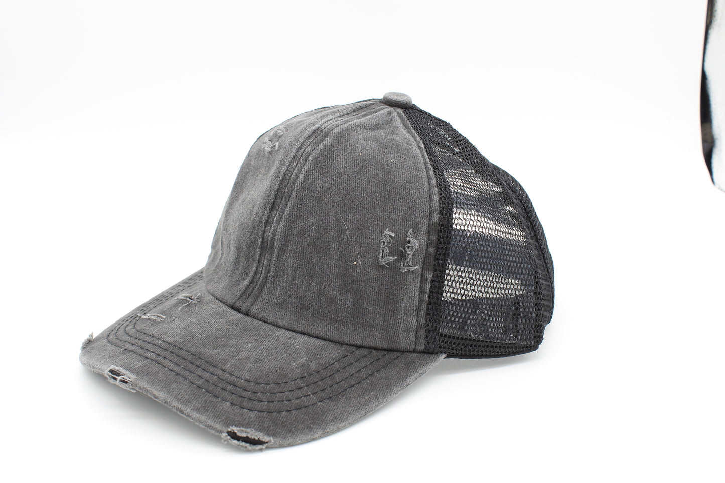 Distressed Black Criss-Cross Ponytail hat