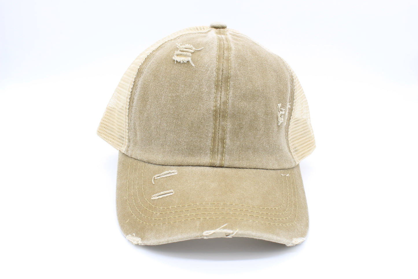 Distressed Khaki Ponytail Trucker Hat