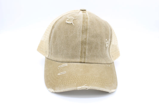 Distressed Khaki Ponytail Trucker Hat