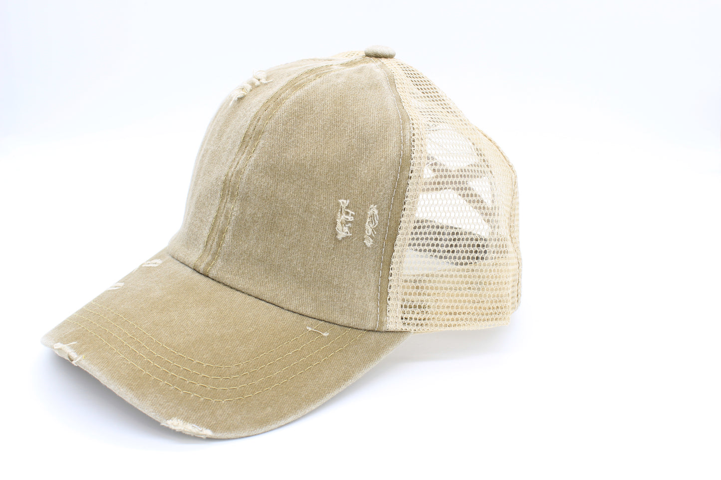 Distressed Khaki Ponytail Trucker Hat