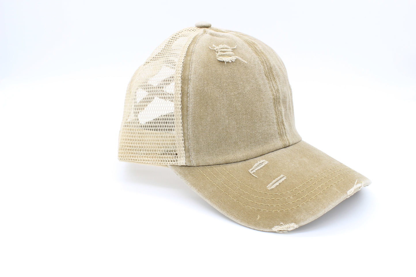 Distressed Khaki Ponytail Trucker Hat