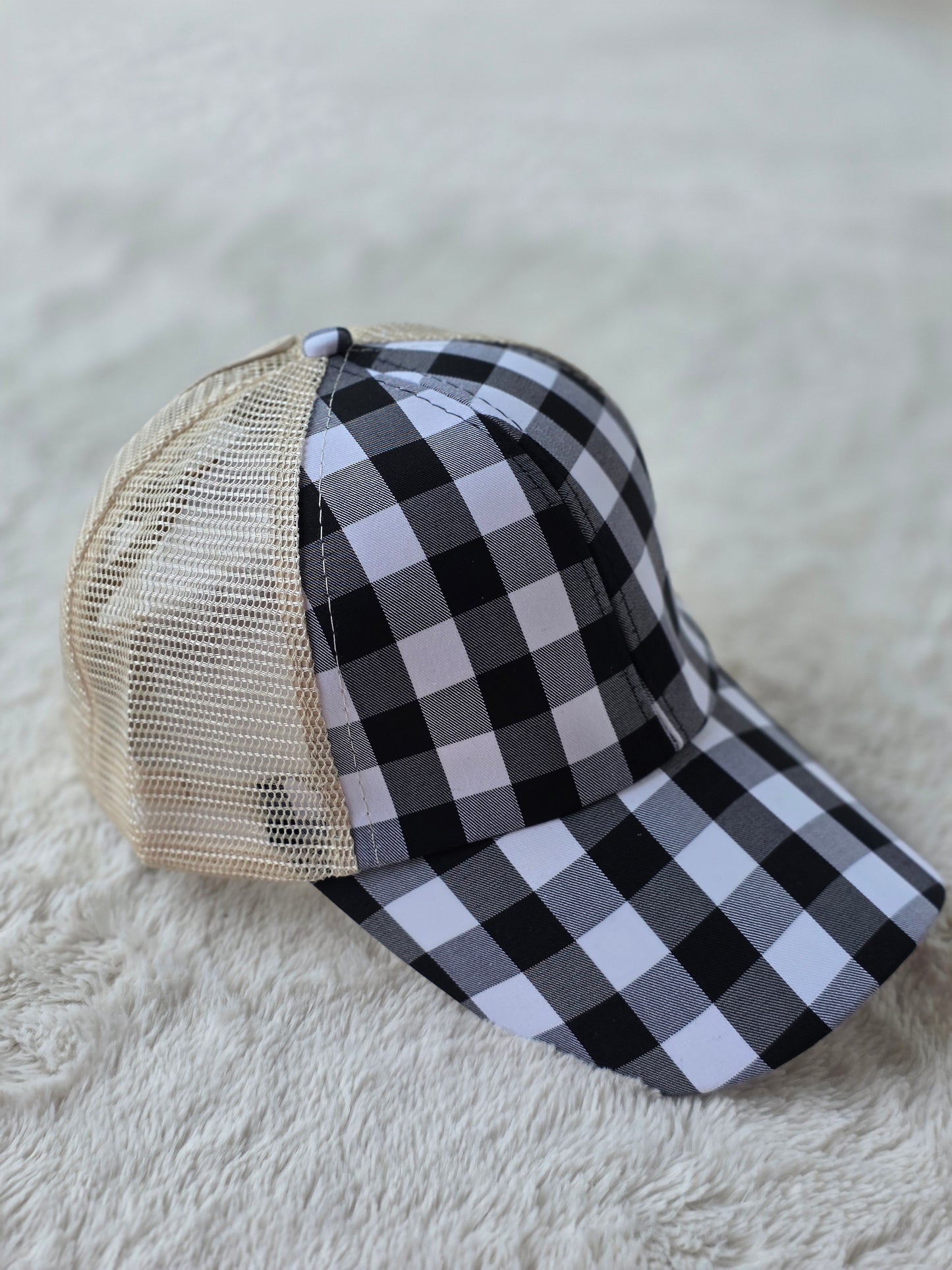 Classic Black & White Buffalo Plaid Criss Cross Ponytail Hat