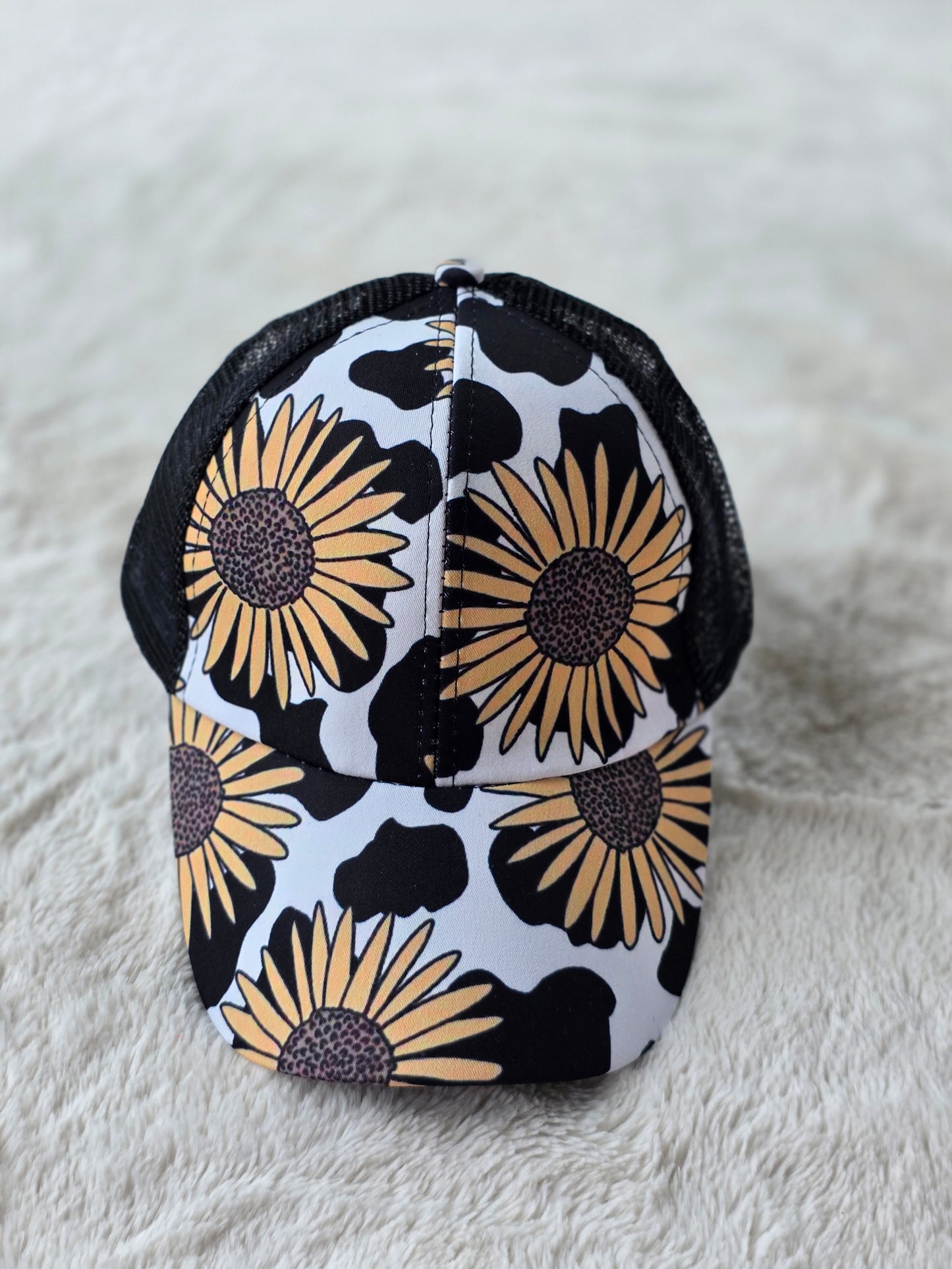 Sunflower Cow Print Criss Cross Ponytail Hat