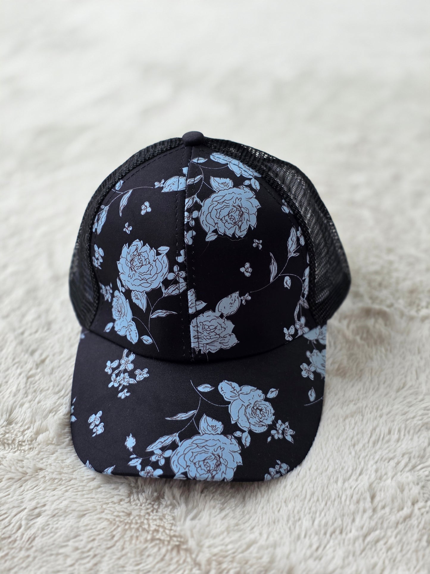 Midnight Blue Floral Criss Cross Ponytail Hat