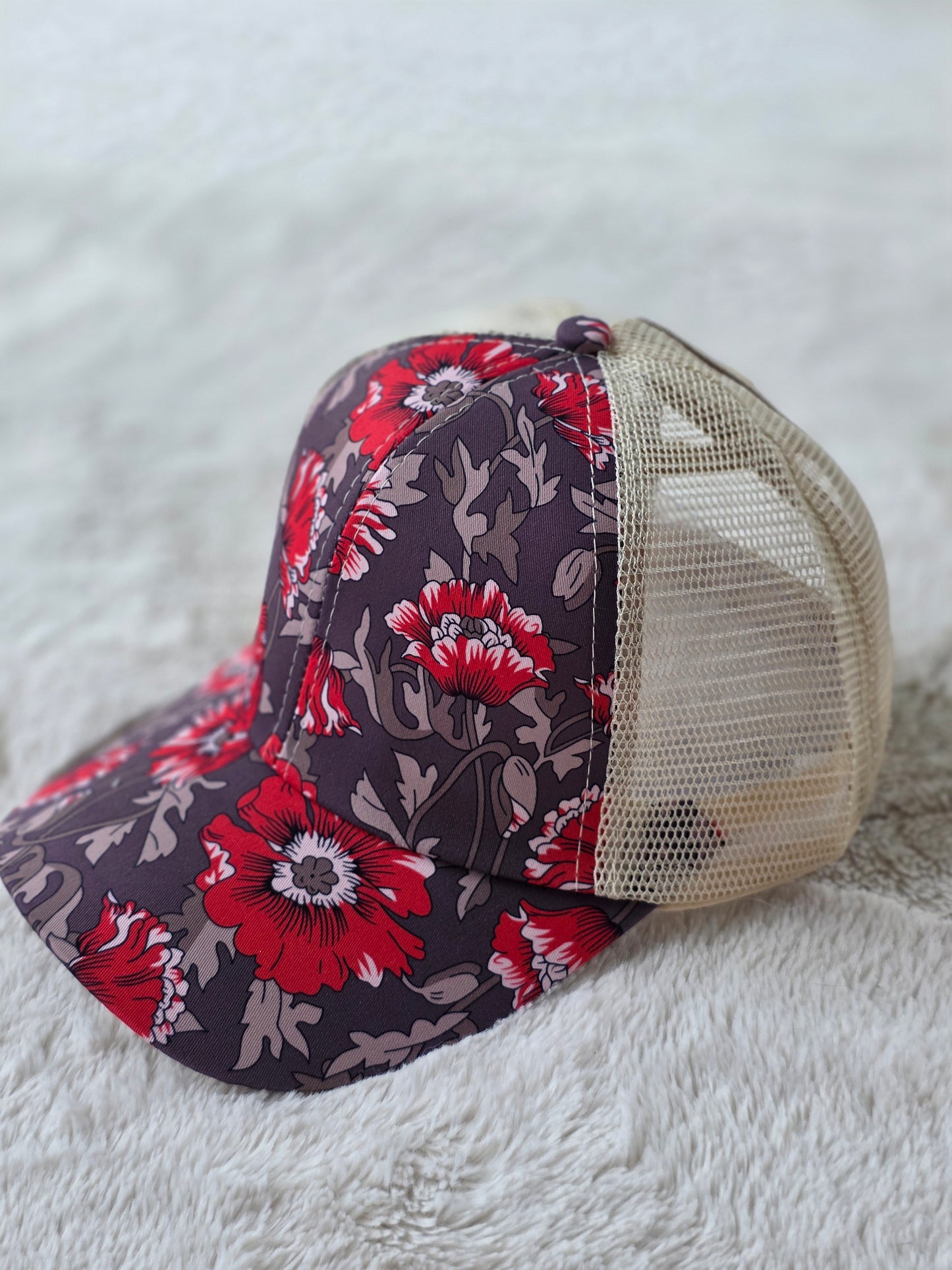 Crimson Wildflower Criss Cross Ponytail Hat