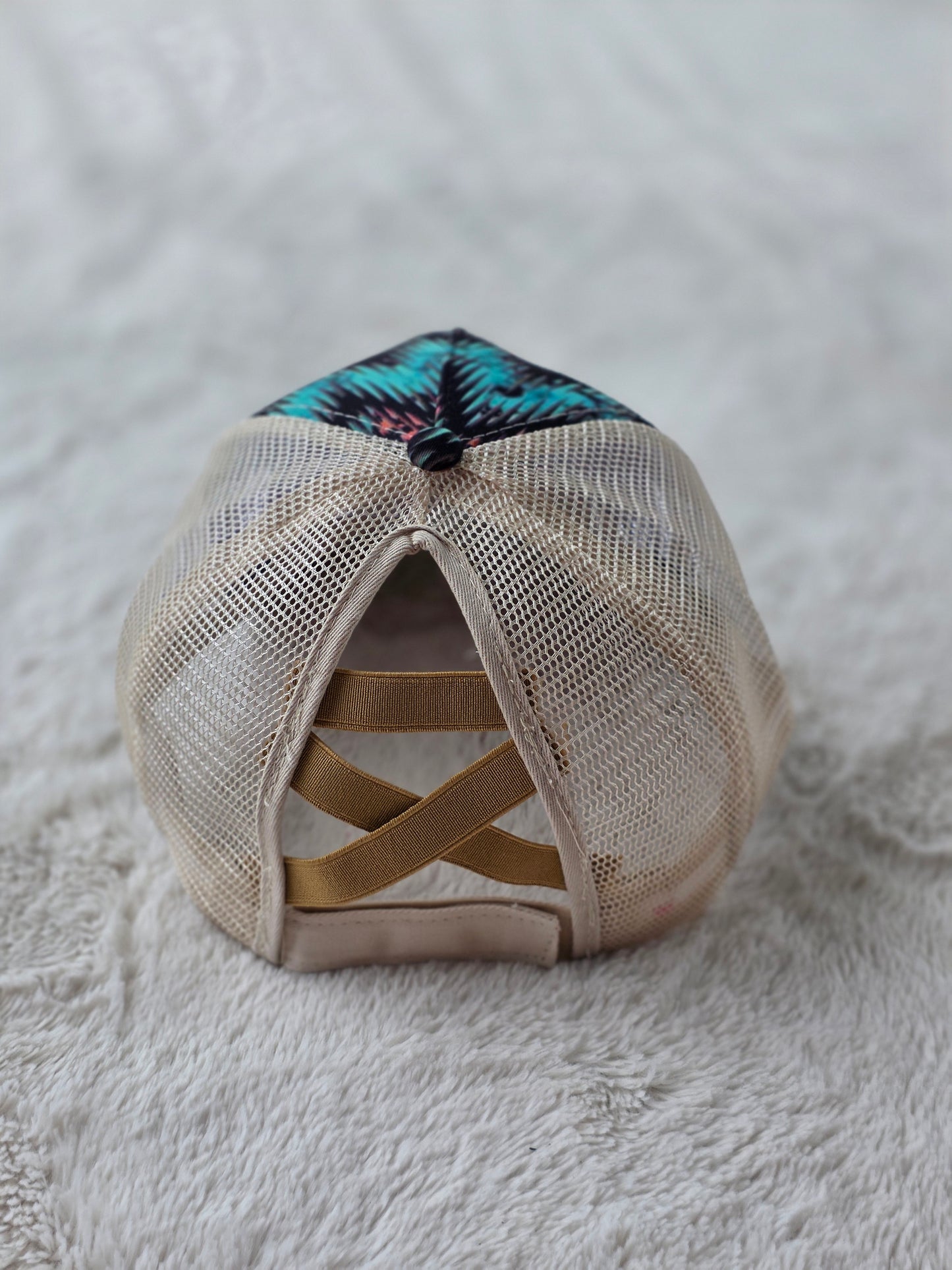 Turquoise Tribal Leopard Criss Cross Ponytail Hat