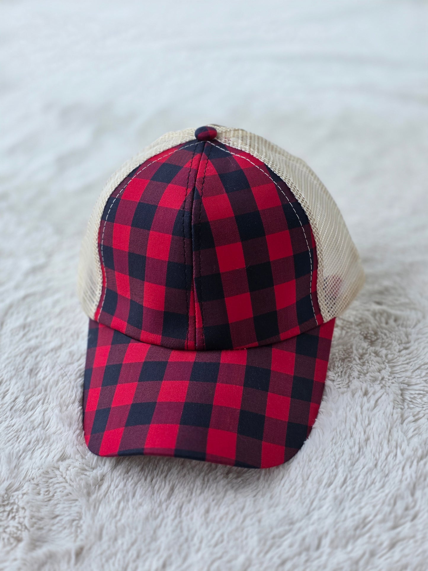 Red Buffalo Plaid Criss Cross Ponytail Hat