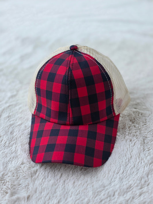 Red Buffalo Plaid Criss Cross Ponytail Hat