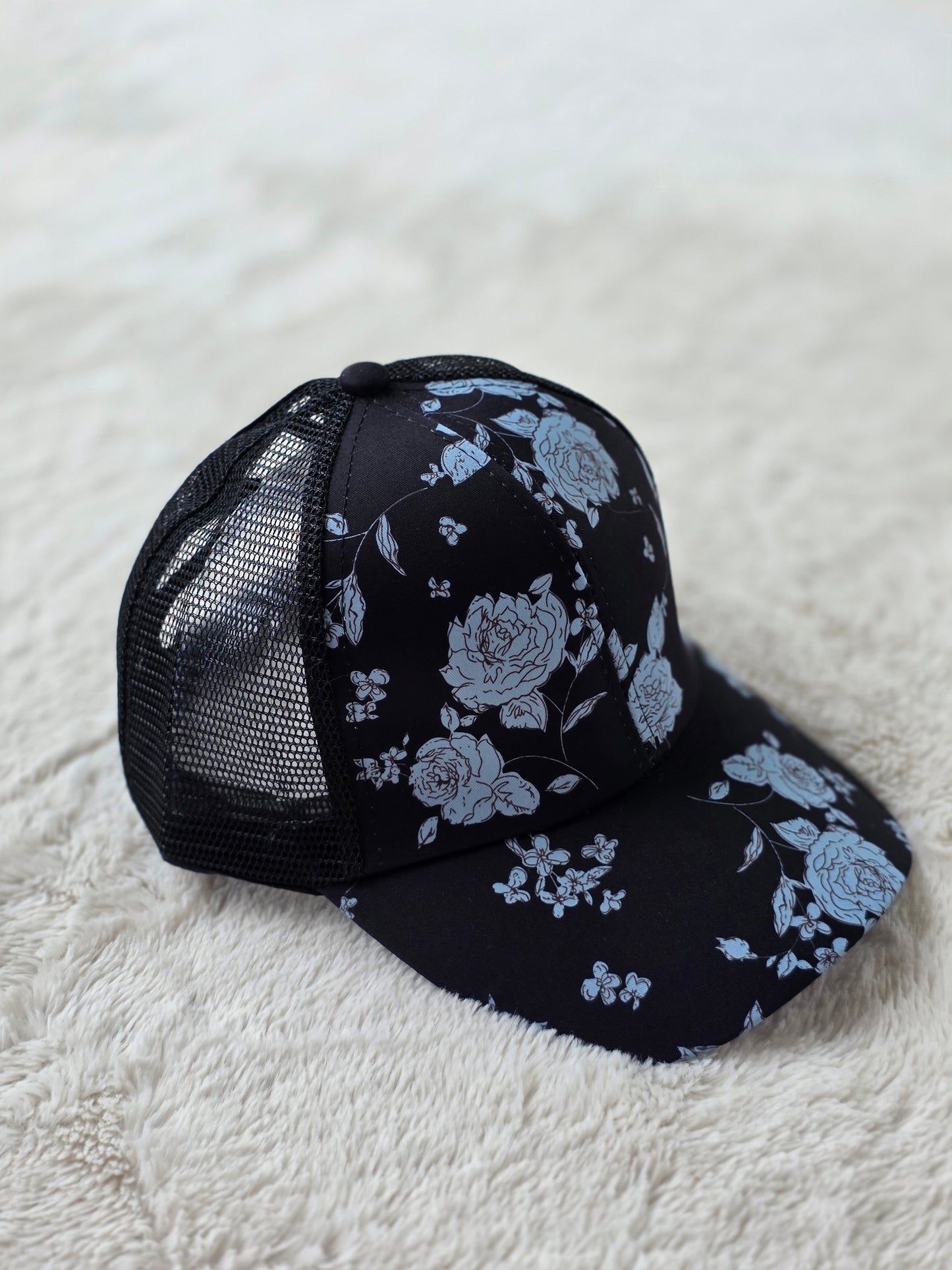Midnight Blue Floral Criss Cross Ponytail Hat