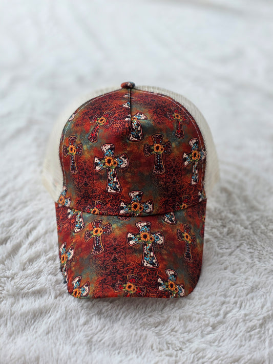 Rustic Sunflower Cross Criss Cross Ponytail Hat