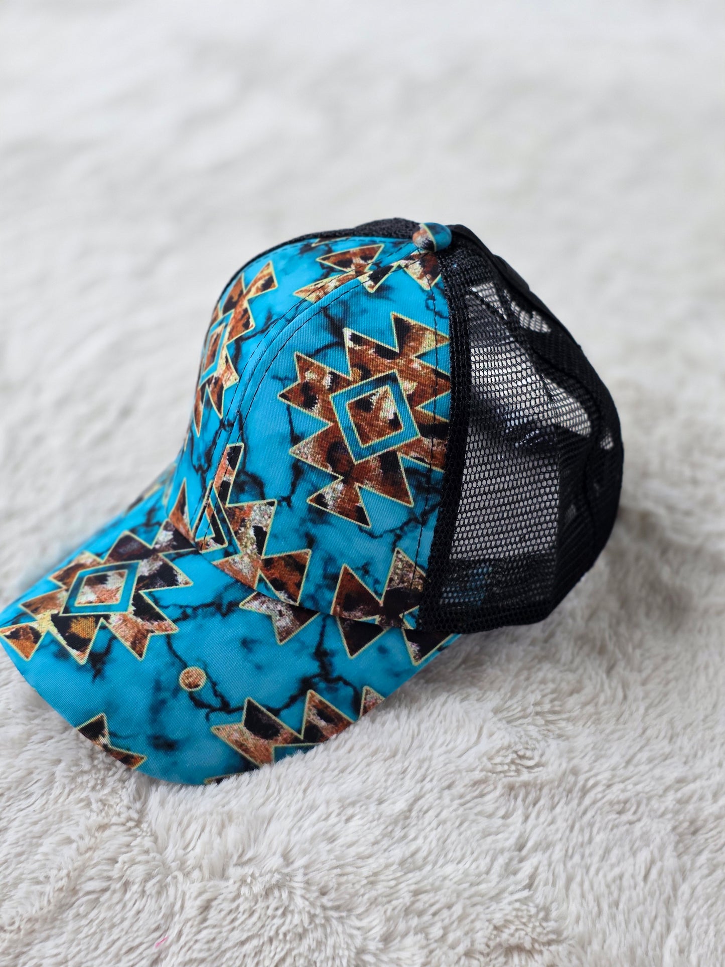 Turquoise Southwest Criss Cross Ponytail Hat