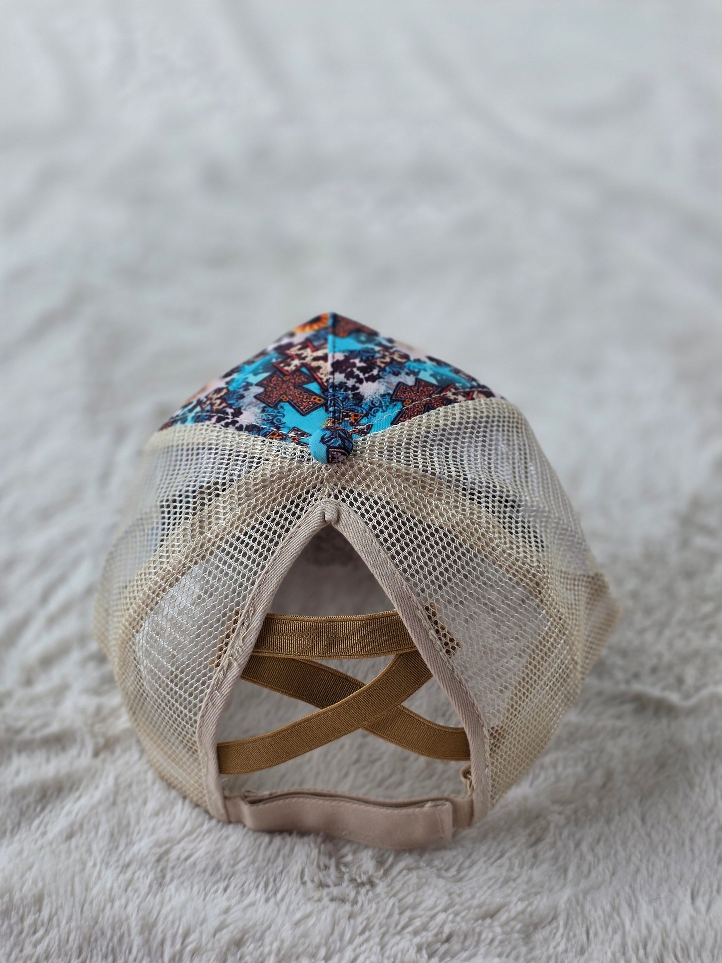 Turquoise Sunflower Cross Criss Cross Ponytail Hat