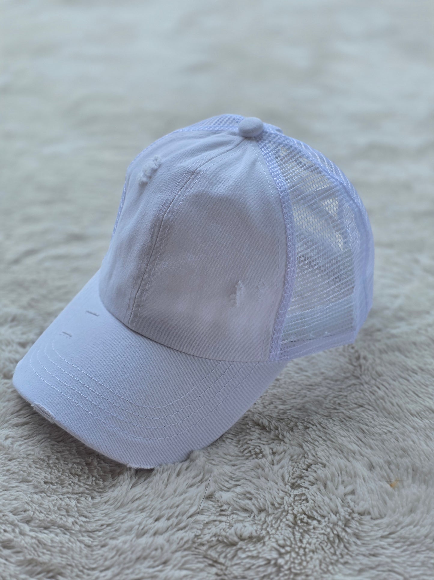 White Distressed Criss Cross Ponytail Hat