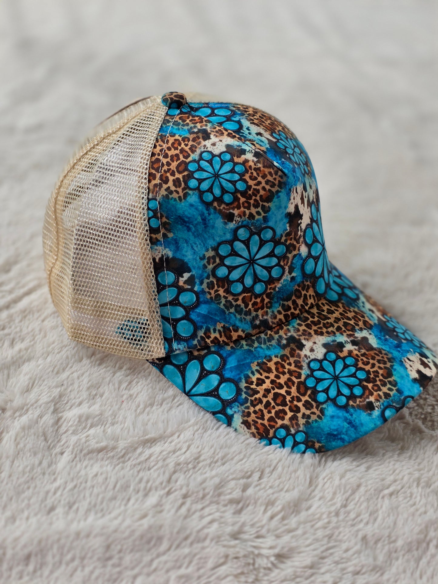 Turquoise Concho Leopard Criss Cross Ponytail Hat