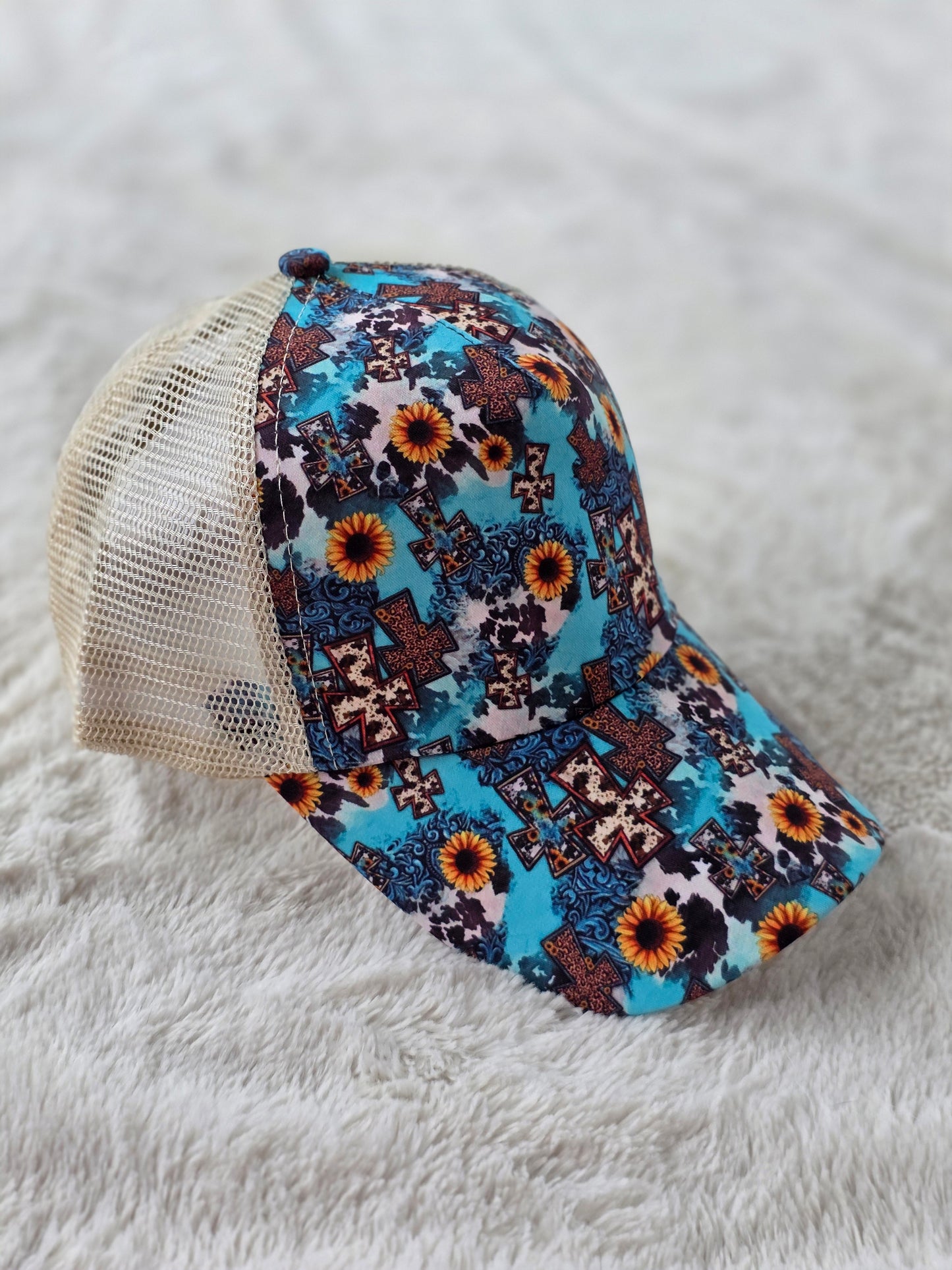 Turquoise Sunflower Cross Criss Cross Ponytail Hat